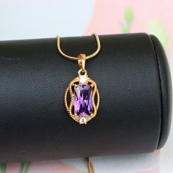 "Purple Rectangle Pendant with Gold Plated Frame and Crystal Accents, XPPT1683 - Picture 4 of 13